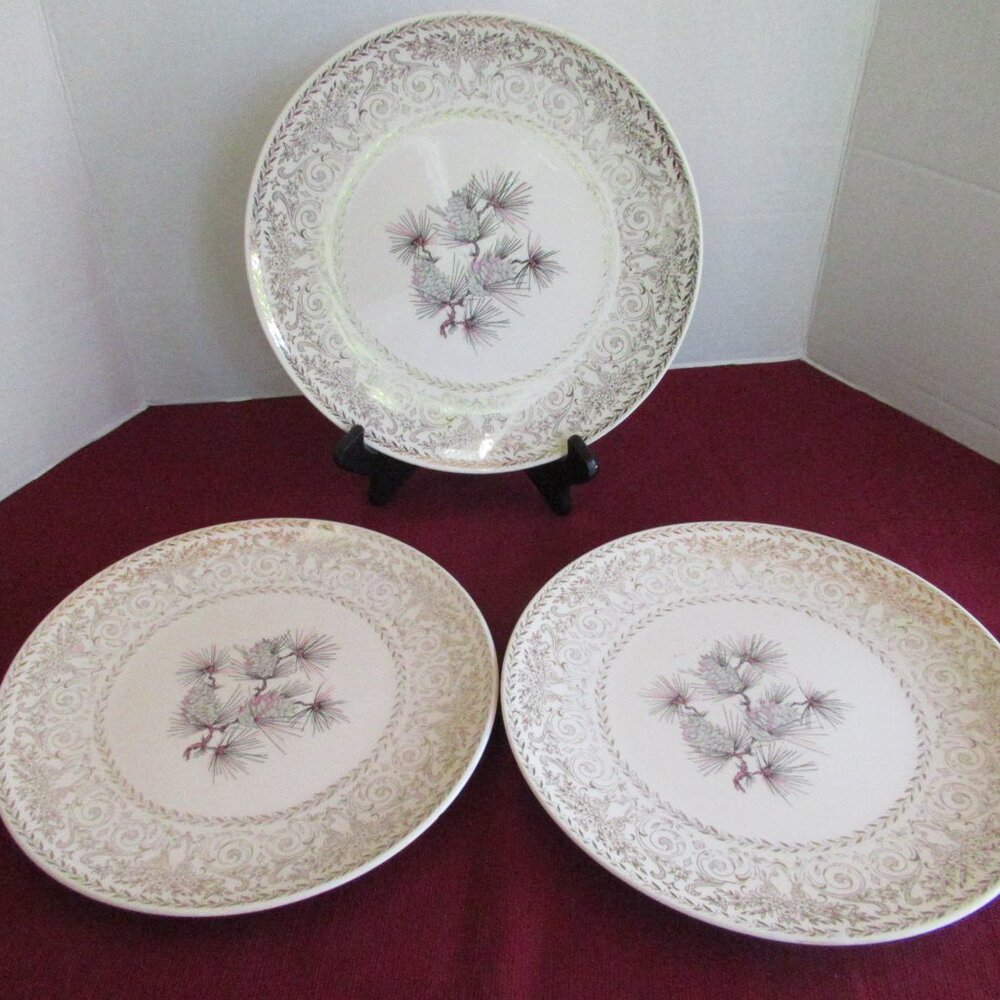 Lifetime China semi-vitreous Pine Cone set 3 dinner plates 10" vintage